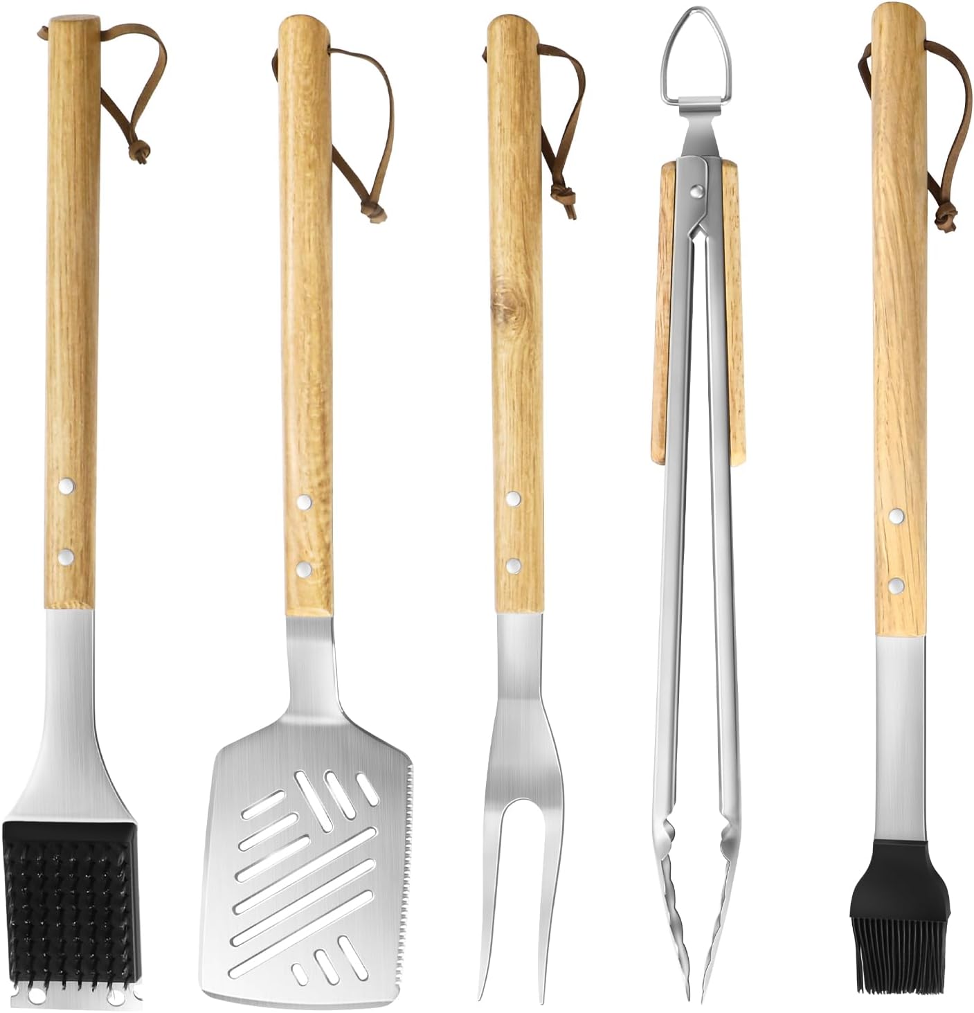 5 Pcs Heavy‑Duty Wooden BBQ Grilling Tools Set