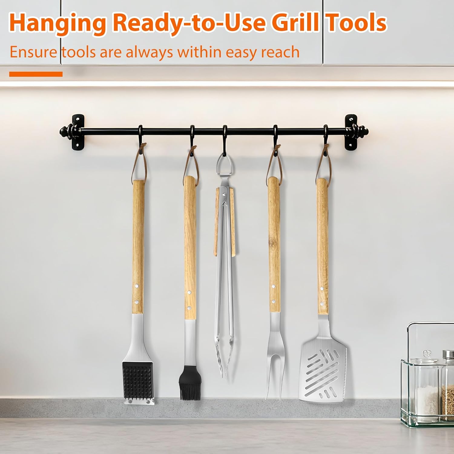5 Pcs Heavy‑Duty Wooden BBQ Grilling Tools Set