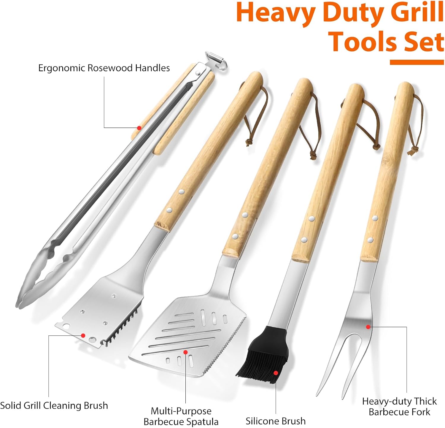 5 Pcs Heavy‑Duty Wooden BBQ Grilling Tools Set